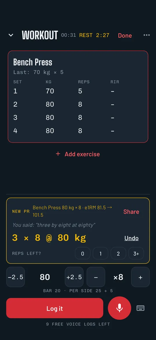 Pantalla de entrenamiento de Repvoice (en inglés): dijiste three by eight at eighty y quedó registrado como 3 por 8 con 80 kg