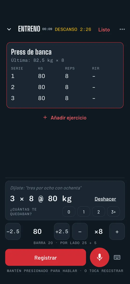 Repvoice registrando una serie por voz: tres por ocho con ochenta