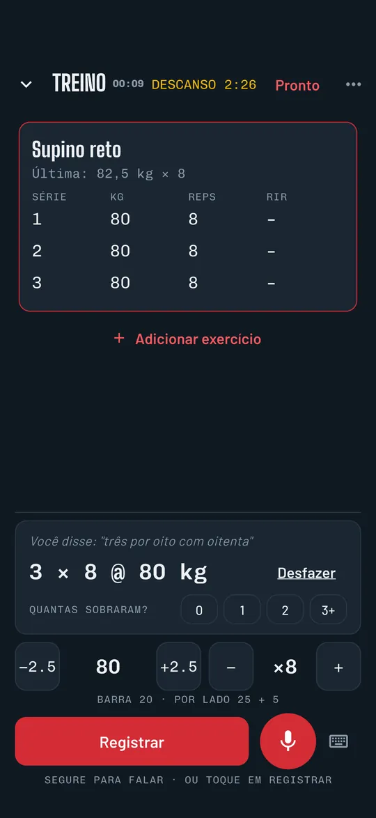 Repvoice registrando uma série por voz: três por oito com oitenta